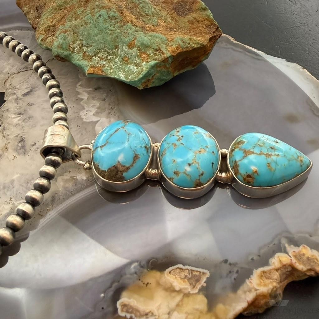Sterling Silver Southwestern Style 3 Kingman Turquoise Pendant For Women #2