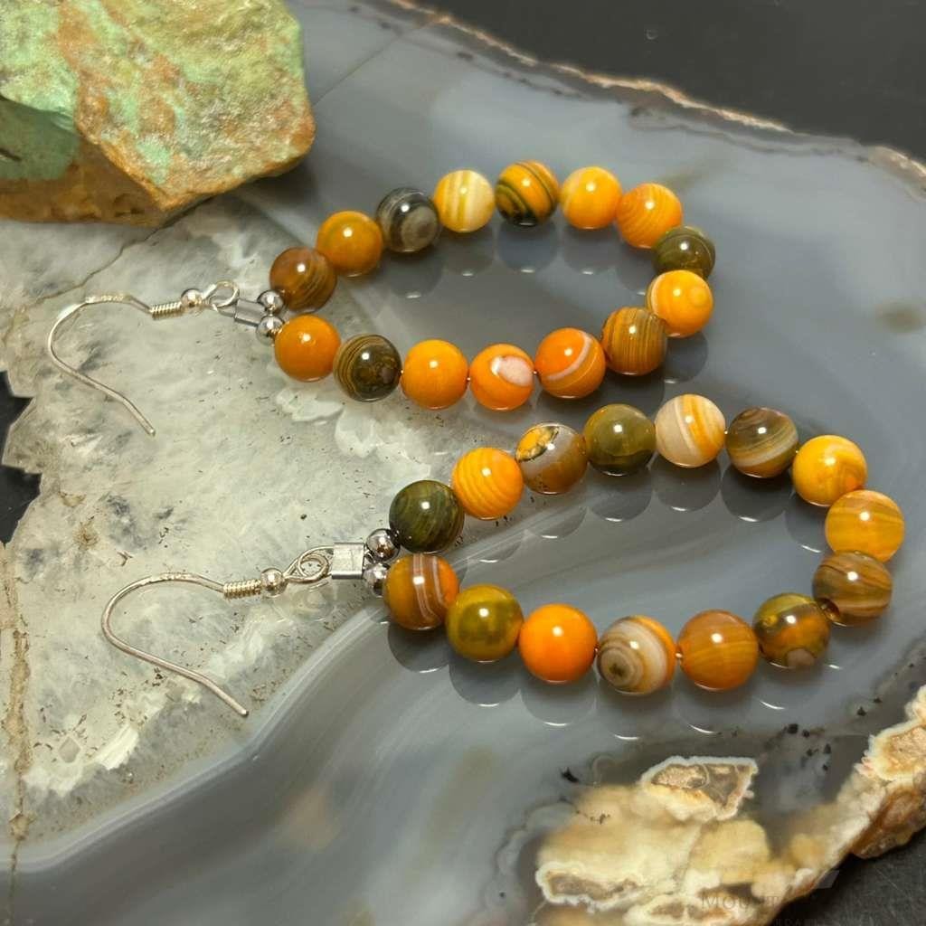 Sterling Silver Rounded Yellow Jasper Beads Hoop Dangle Earrings For Women