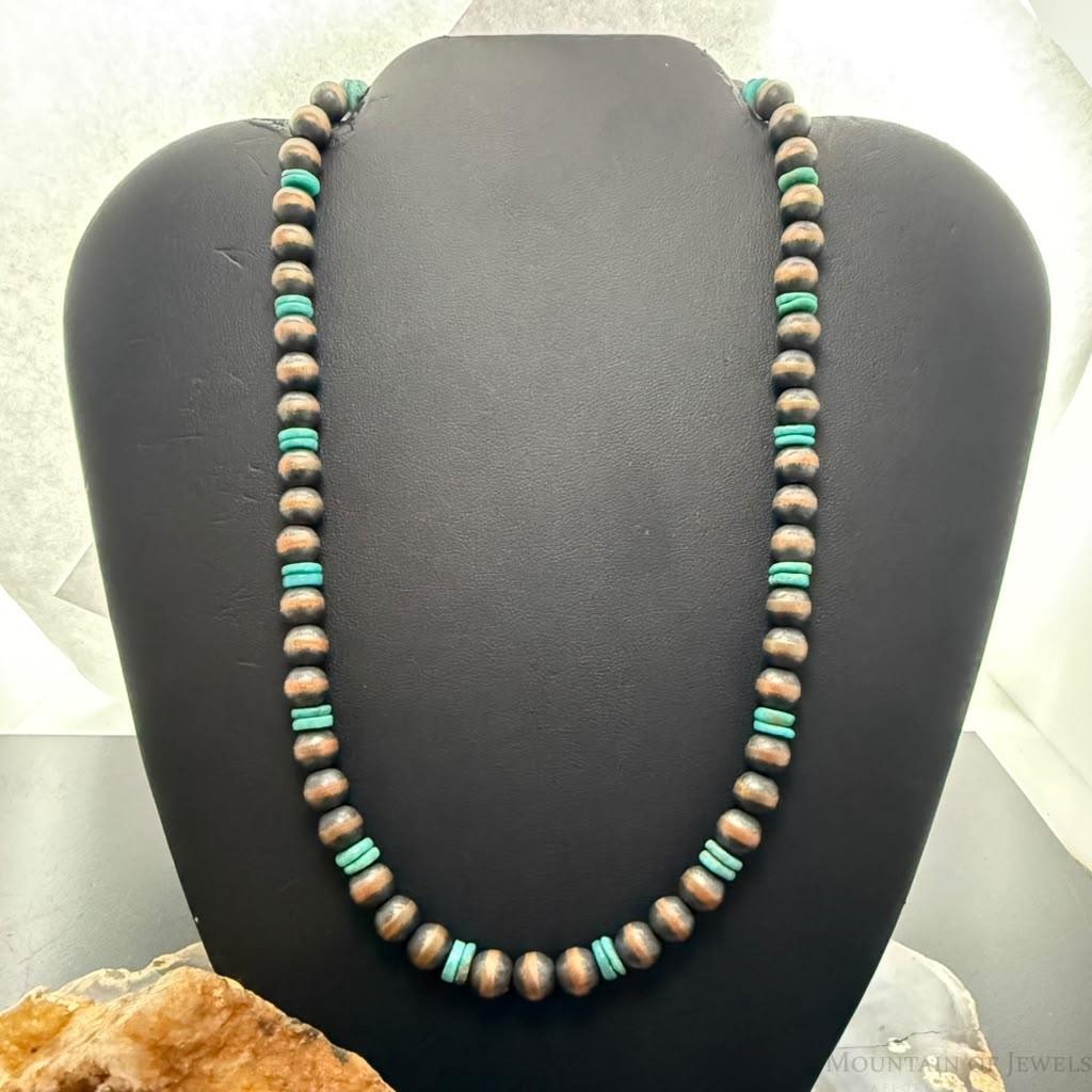 Southwestern Style Copper 8mm Navajo Pearl Beades &Turquoise Disk Necklace For Women