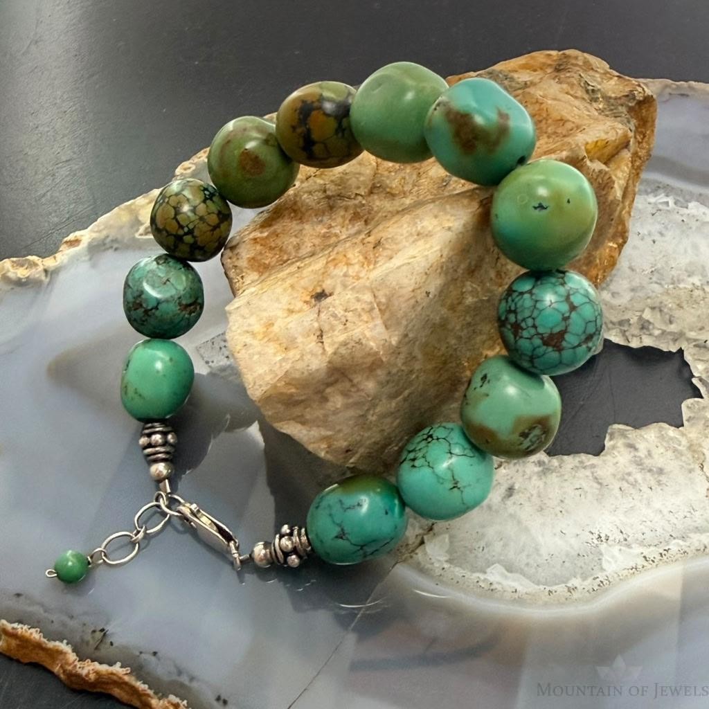 Vintage Sterling Silver 12 Large Turquoise Beads 6.75" Bracelet For Women