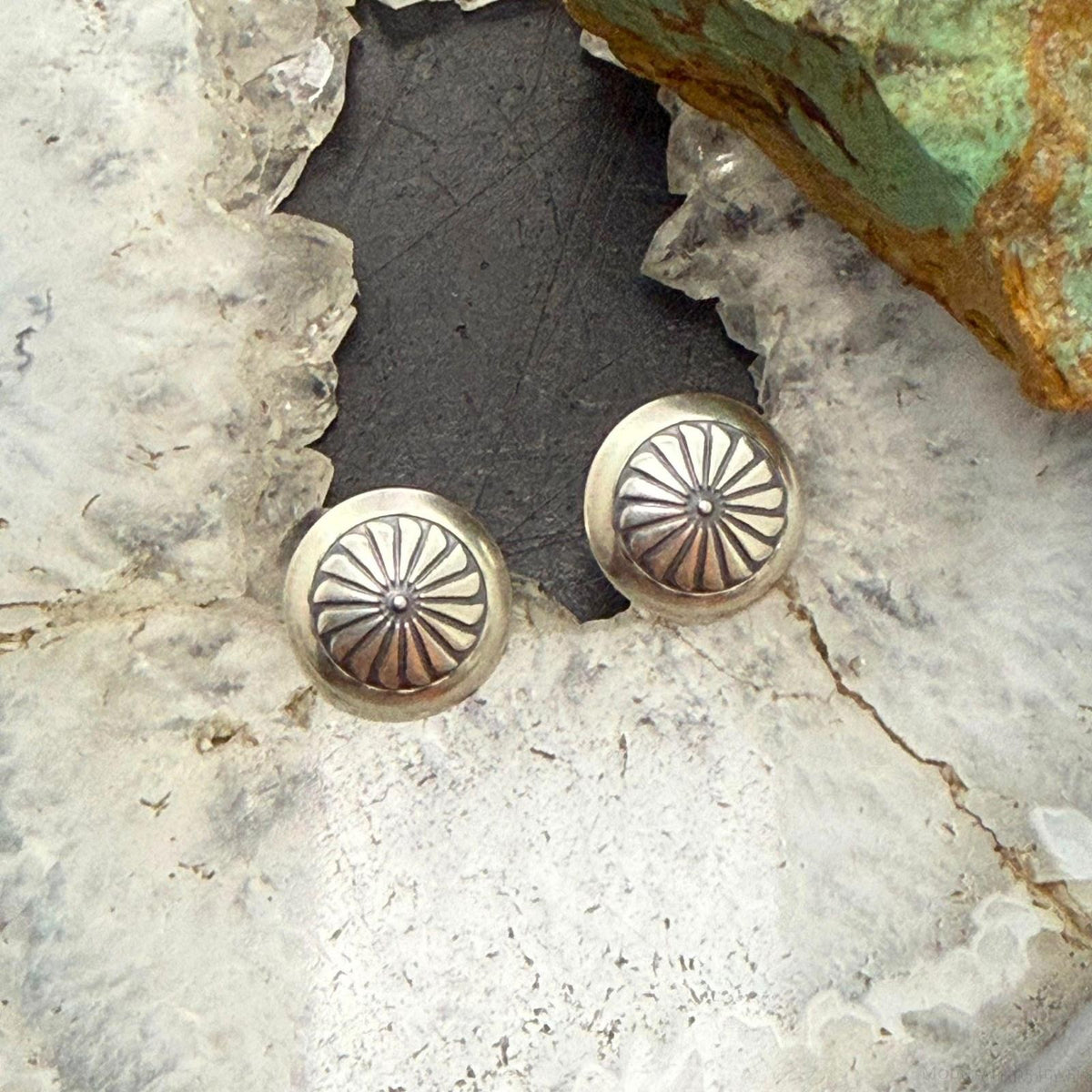 Native American Sterling Silver Round Stamped Concho Stud Earrings For Women
