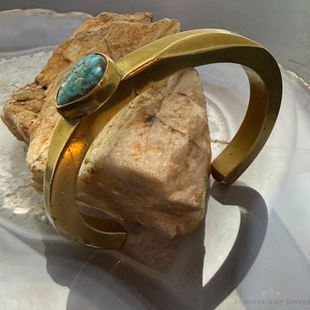 Vintage Native American Thick and Solid Brass Turquoise Bracelet For Women