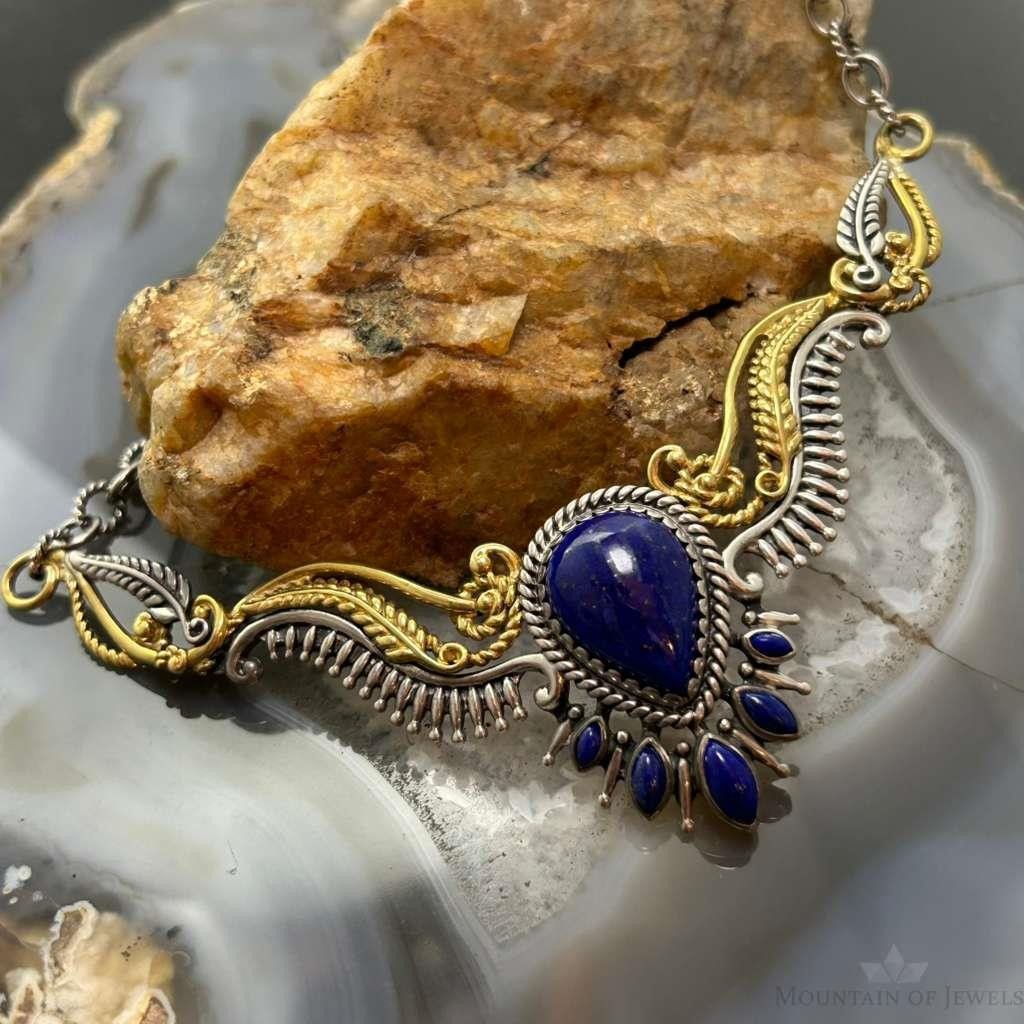 Carolyn Pollack Sterling Silver & Brass Lapis Decorated 15" Necklace For Women