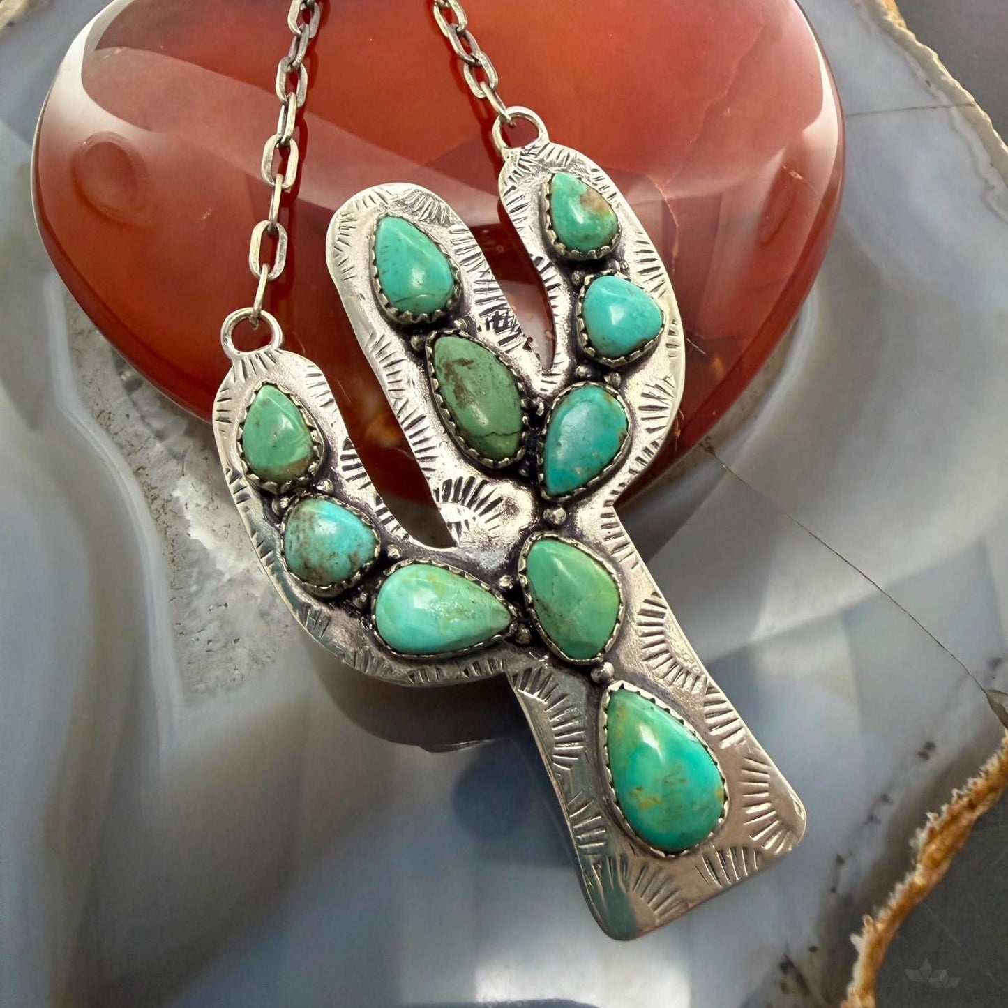 Sterling Southwestern Style Kingman Turquoise Cactus Pendant 22.5" Necklace