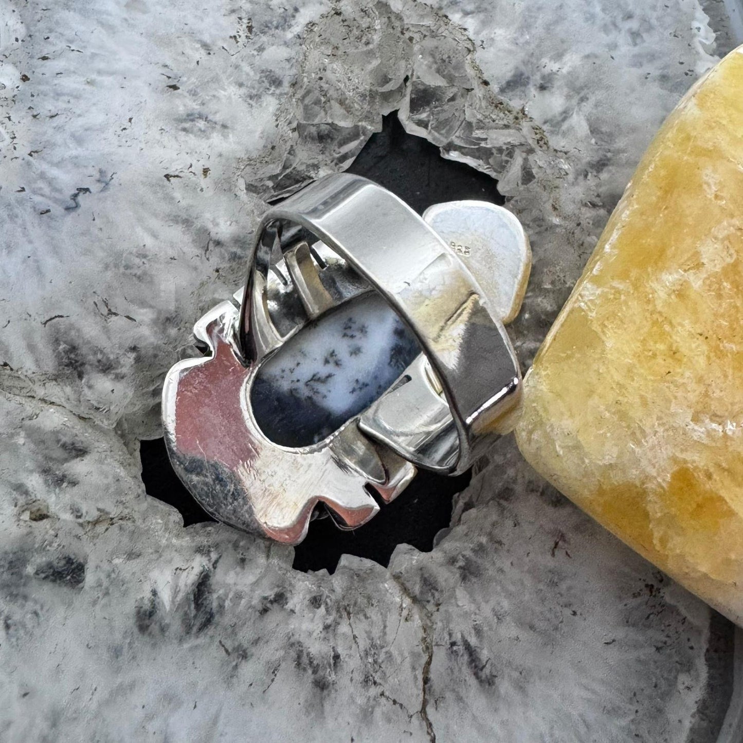 Sterling Silver Southwestern Style Elongated Teardrop Dendrite Agate Ring Size 9.25 For Women