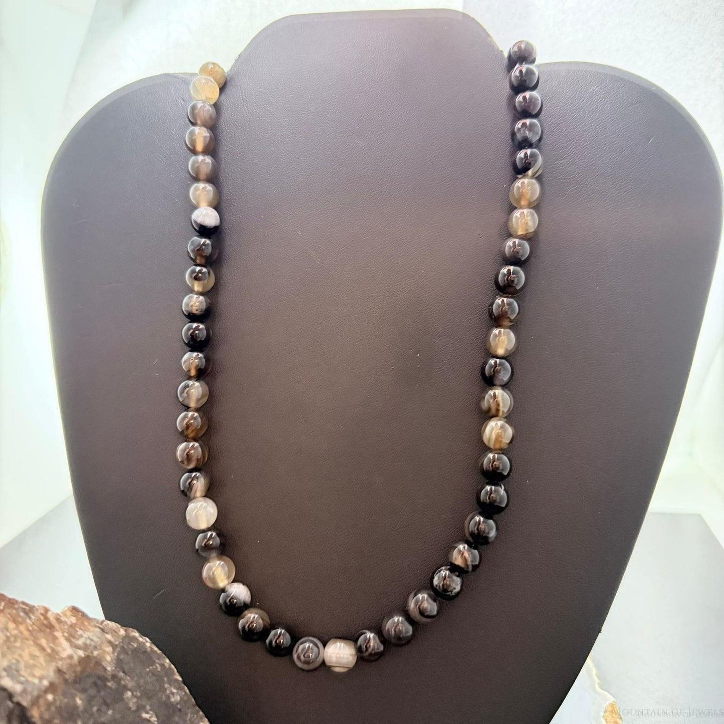 Sterling Silver Southwestern Style Smoky Onyx 8mm Beads 22" Necklace For Women