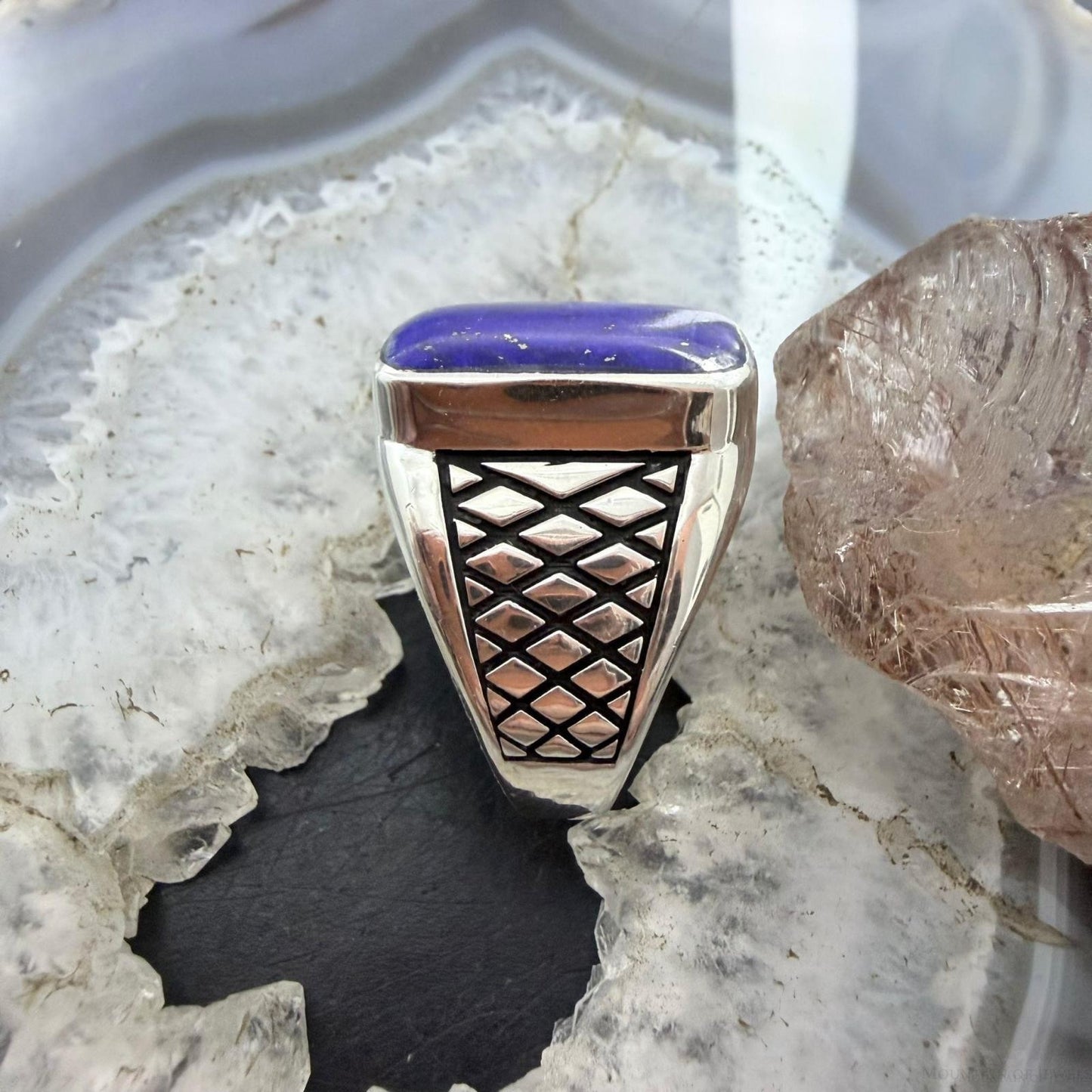 Native American Sterling Silver Lapis Decorated Bar Ring Size 11 For Men