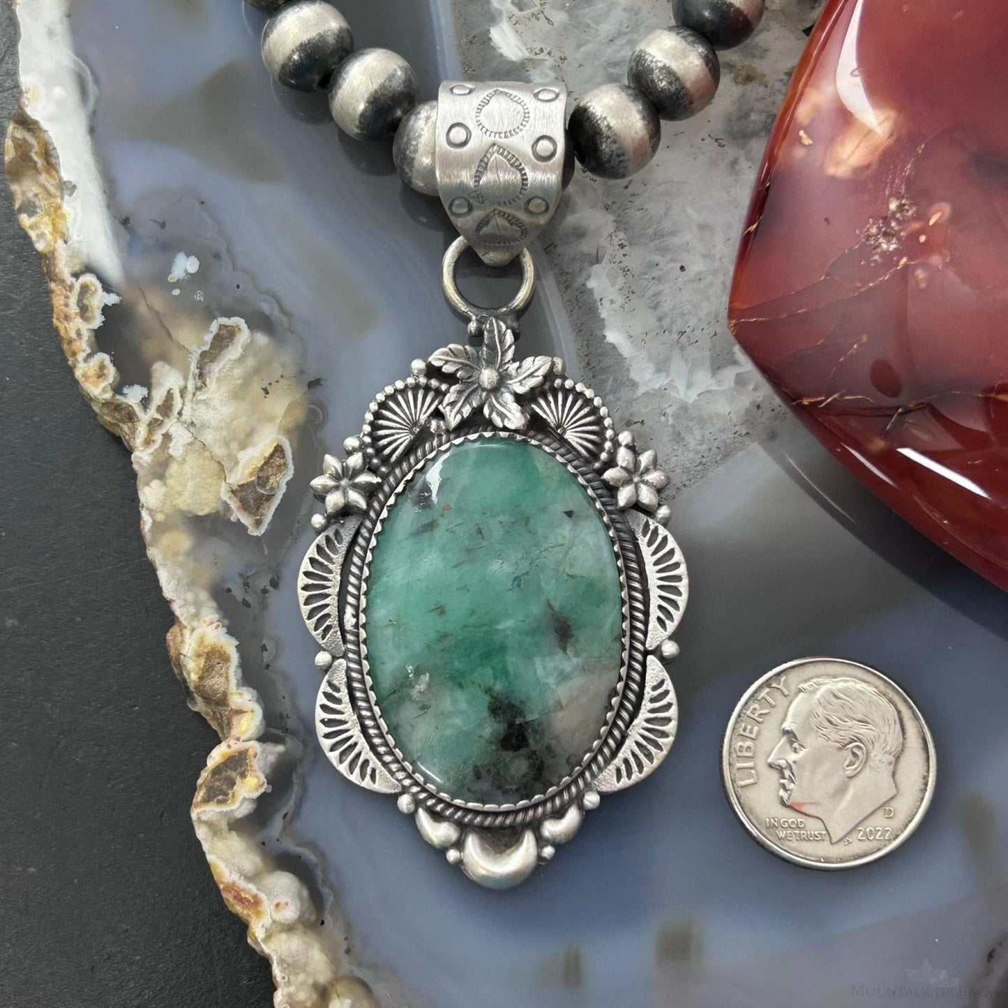 Sterling Silver Southwestern Style Oval Emerald Decorated Pendant For Women