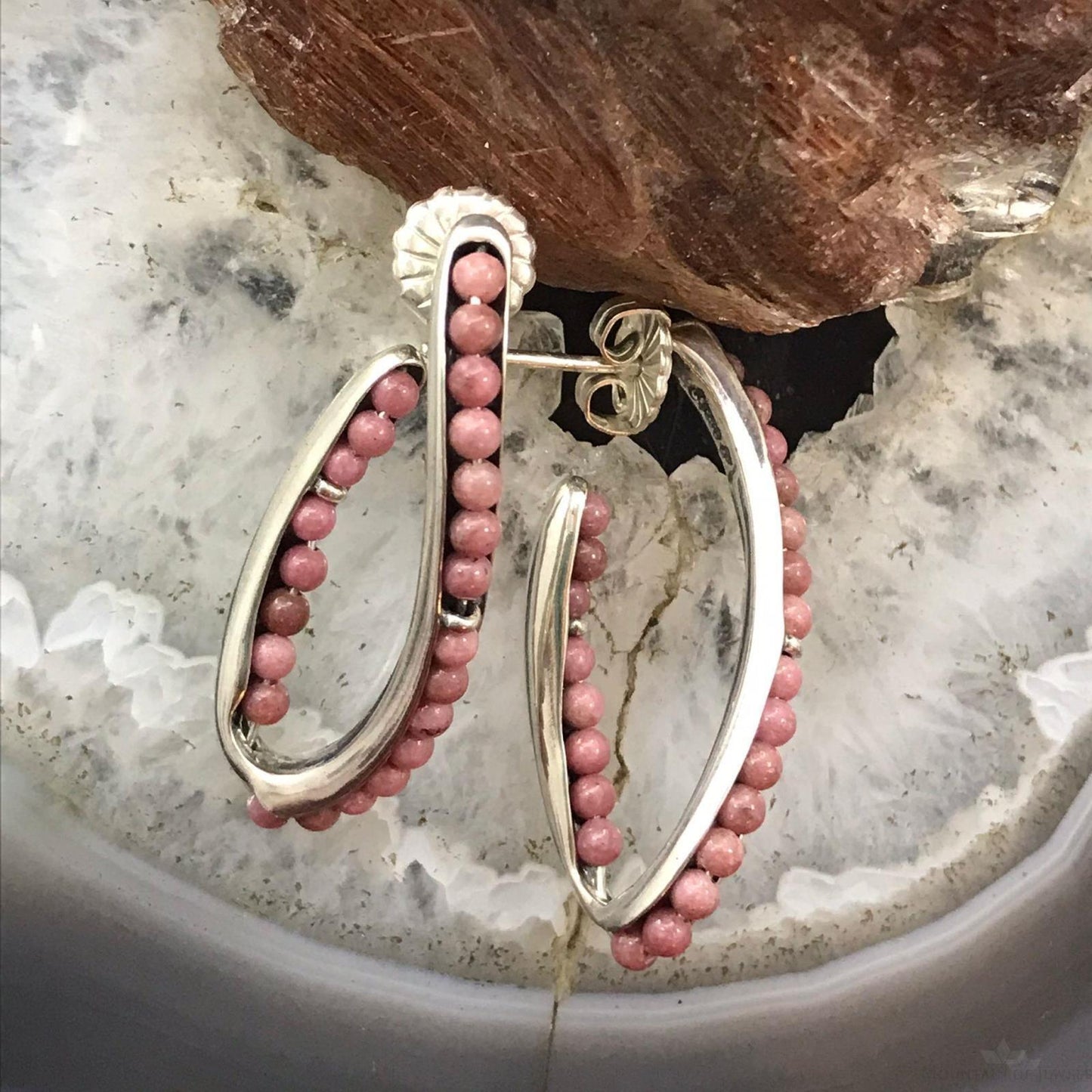 Carolyn Pollack Sterling Silver 23 Rhodonite Bead Curved Hoop Earrings For Women