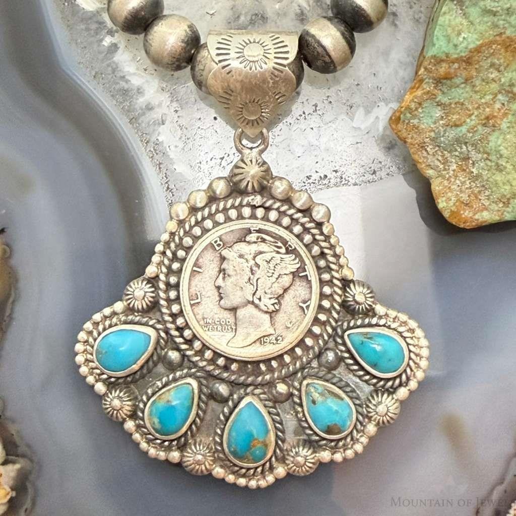 Sterling Silver Southwestern Style 1942 Mercury Dime & Kingman Turquoise Pendant