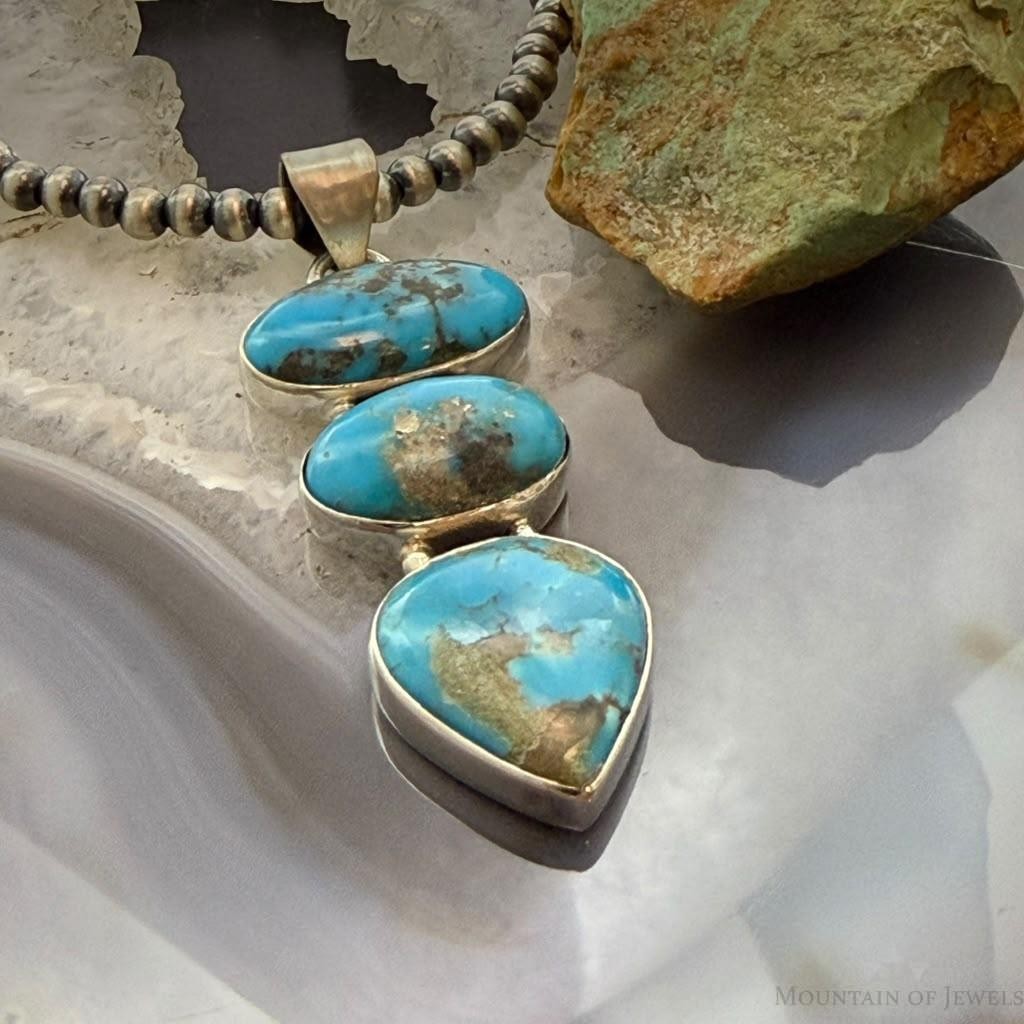 Sterling Silver Southwestern Style 3 Kingman Turquoise Pendant For Women