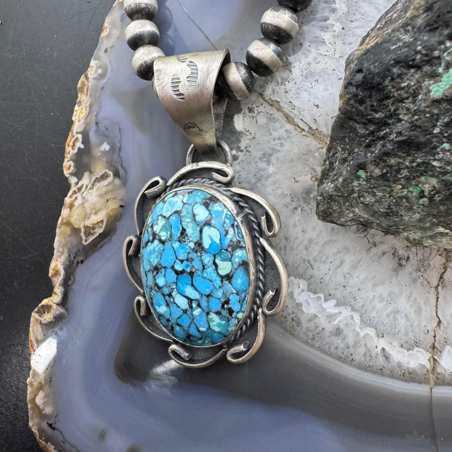Gilbert Nez Native American Sterling Silver Composite Kingman Turquoise Pendant For Women