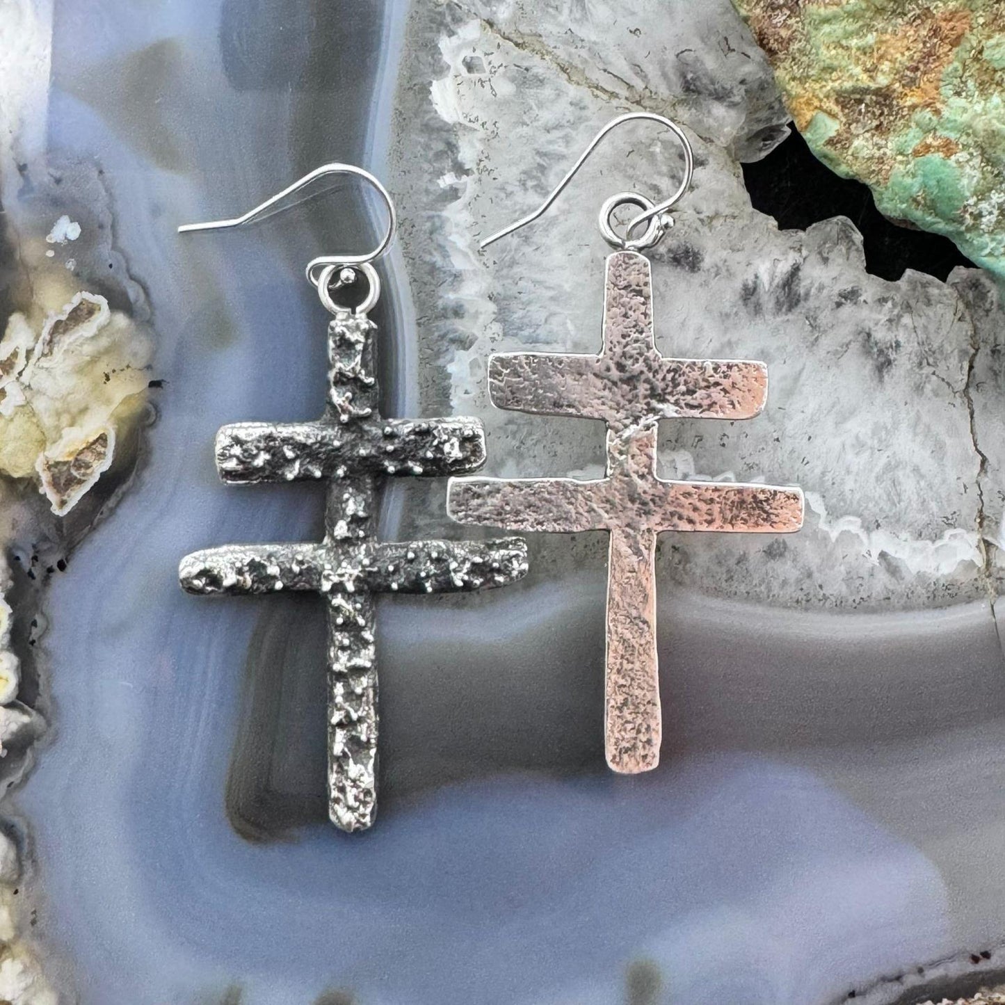 Cheyenne Custer Sterling Silver Tufa Cast Native Cross Dangle Earrings For Women