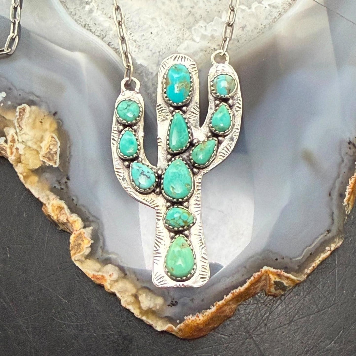 Sterling Southwestern Style Kingman Turquoise Cactus Pendant 22.5" Necklace #1