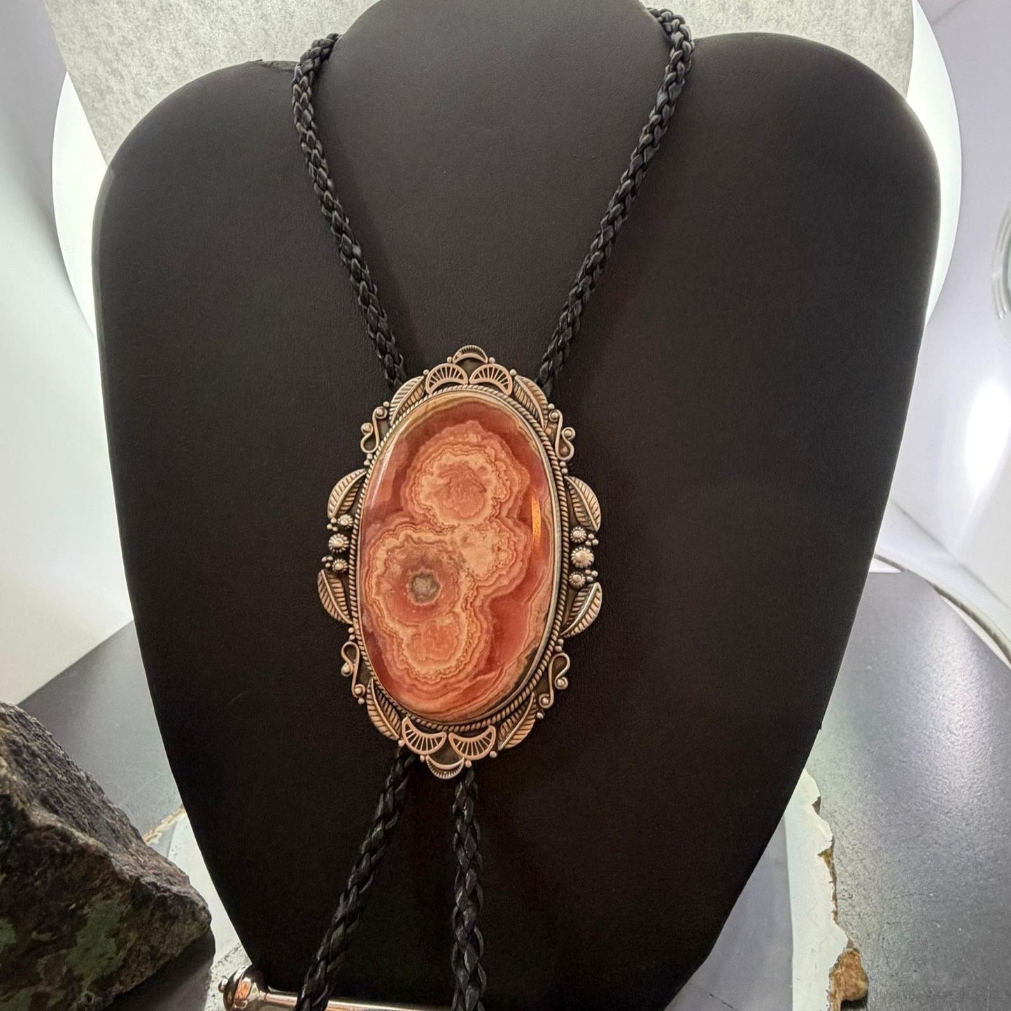 Sterling Silver Southwestern Style Oval Large Rhodochrosite Bolo Tie For Men