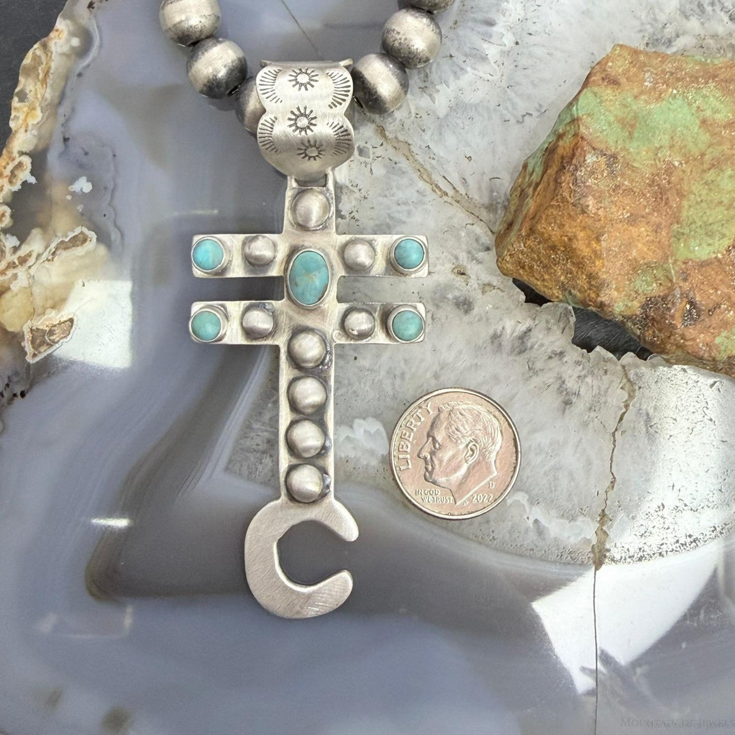 Sterling Silver Southwestern Style Cross with Turquoise Decorated Unisex Pendant