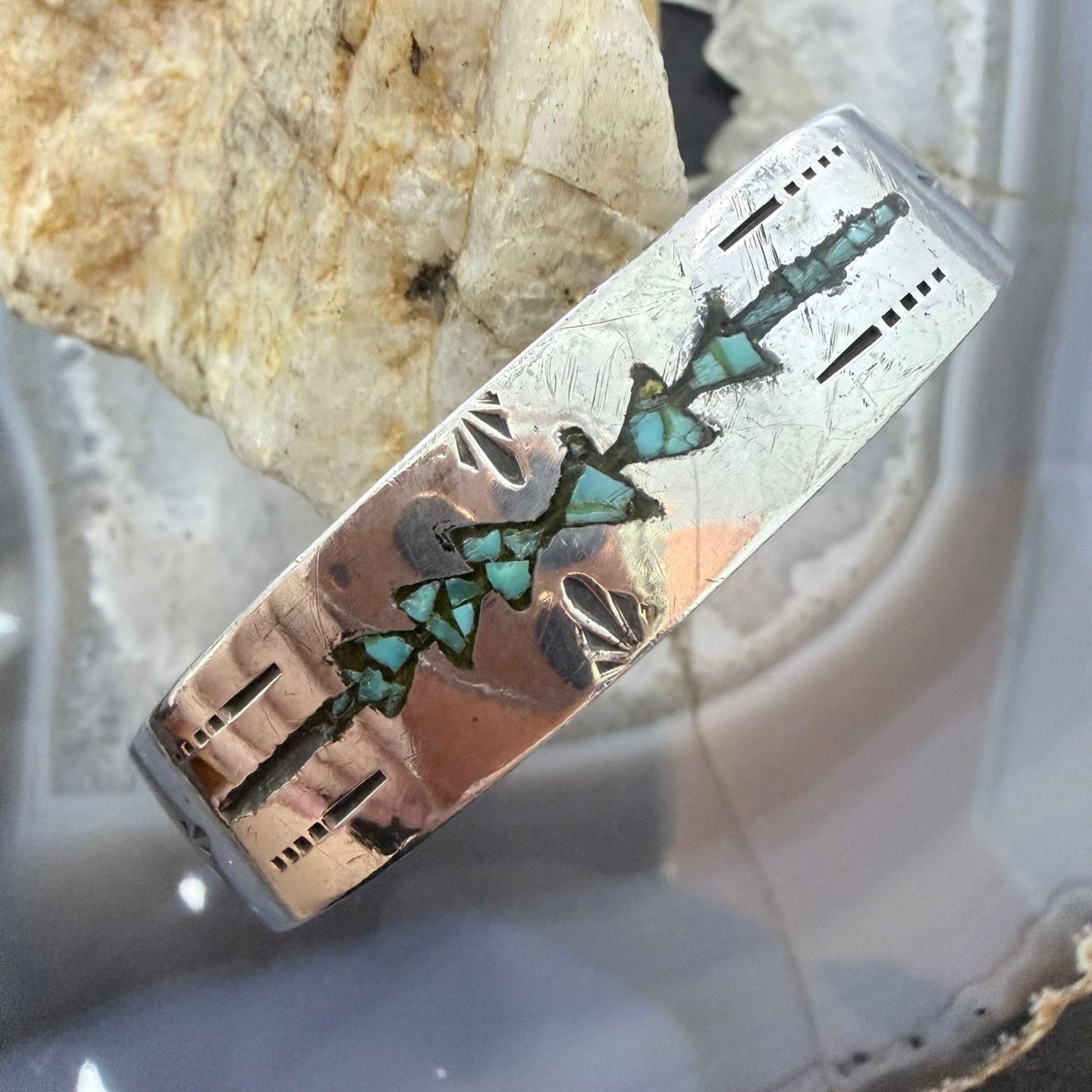 Gibson Gene Navajo Native American Silver Turquoise Chip Inlay Bracelet (As Is)