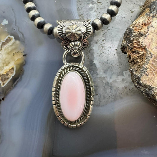 Native American Sterling Silver Oval Pink Conch Decorated Pendant For Women