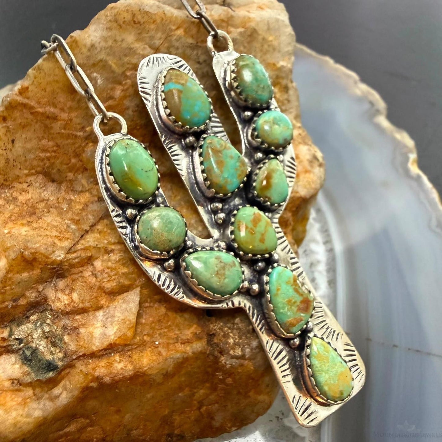 Sterling Silver Southwestern Style Green Kingman Turquoise Cactus Pendant Necklace For Women