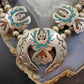 Vintage Native American Silver Chip Inlay Thunderbird Squash Blossom Necklace