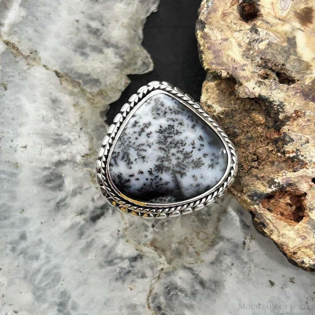 Sterling Silver Southwestern Style Wide Teardrop Dendrite Agate Ring Size 6.5 For Women