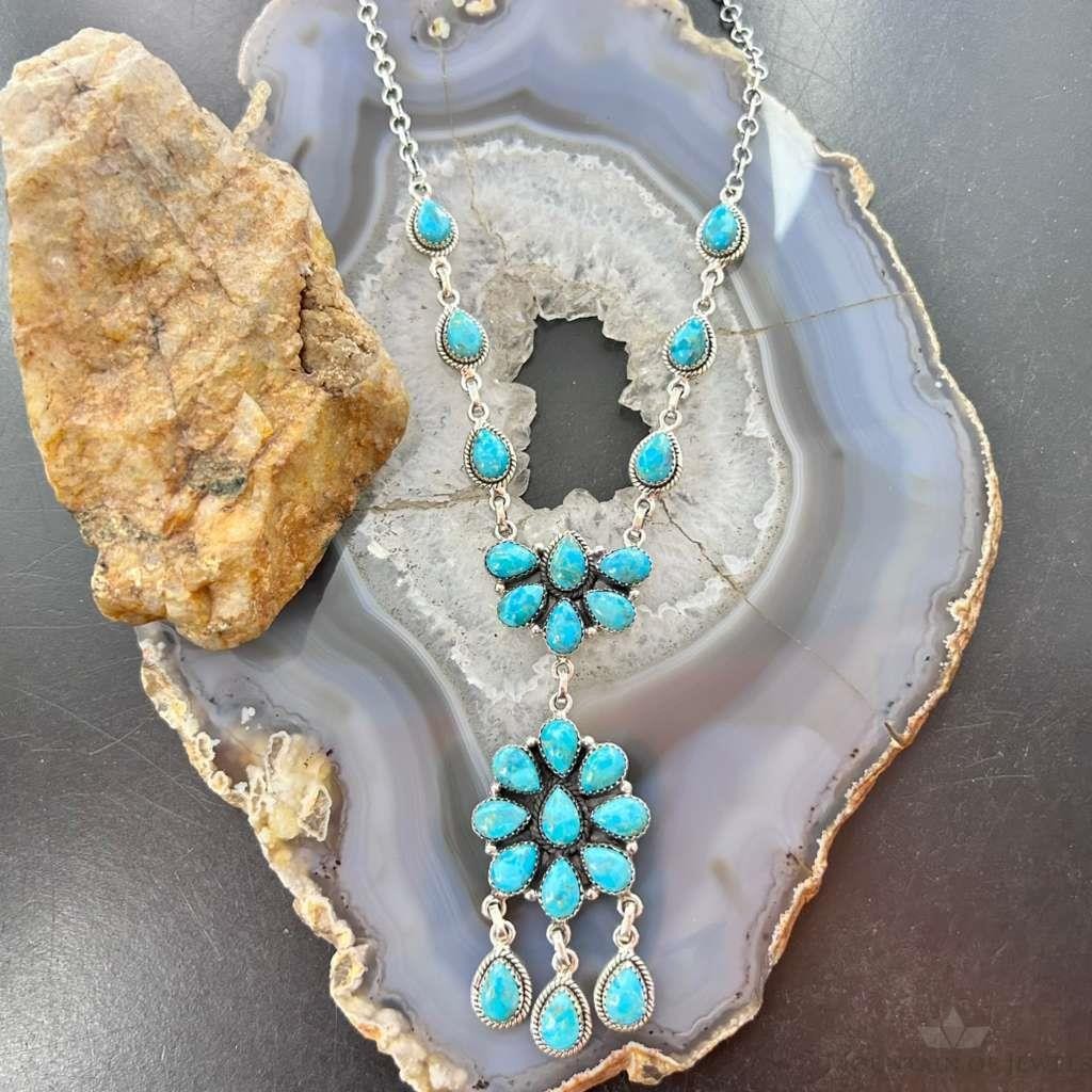 Sterling Silver Southwestern Style 25 Teardrop Turquoise Cluster 17" Necklace For Women