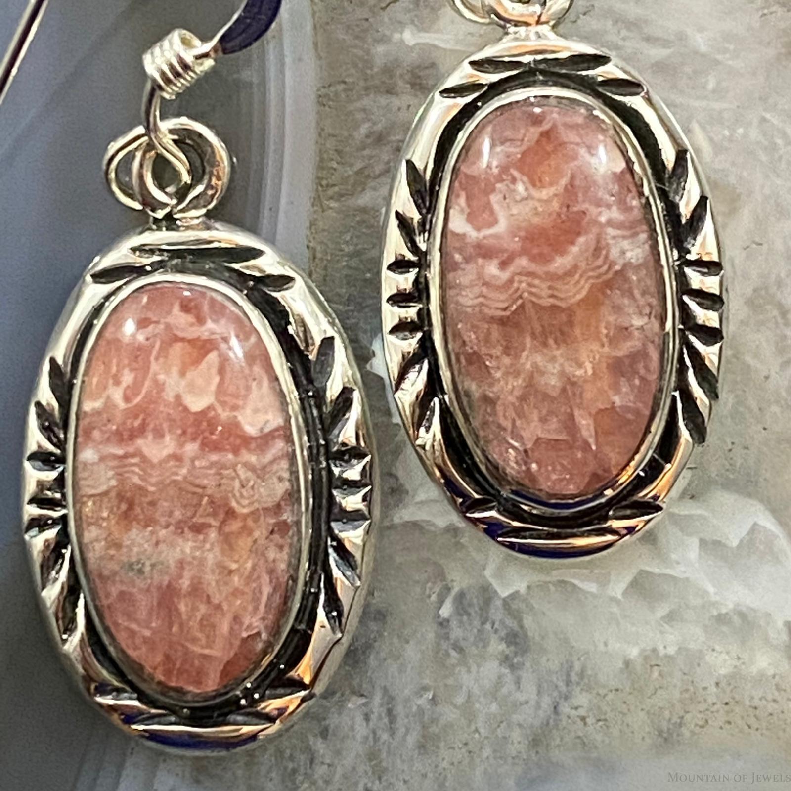 Sale Native American Sterling Silver Oval Rhodochrosite Dangle Earrings For Women