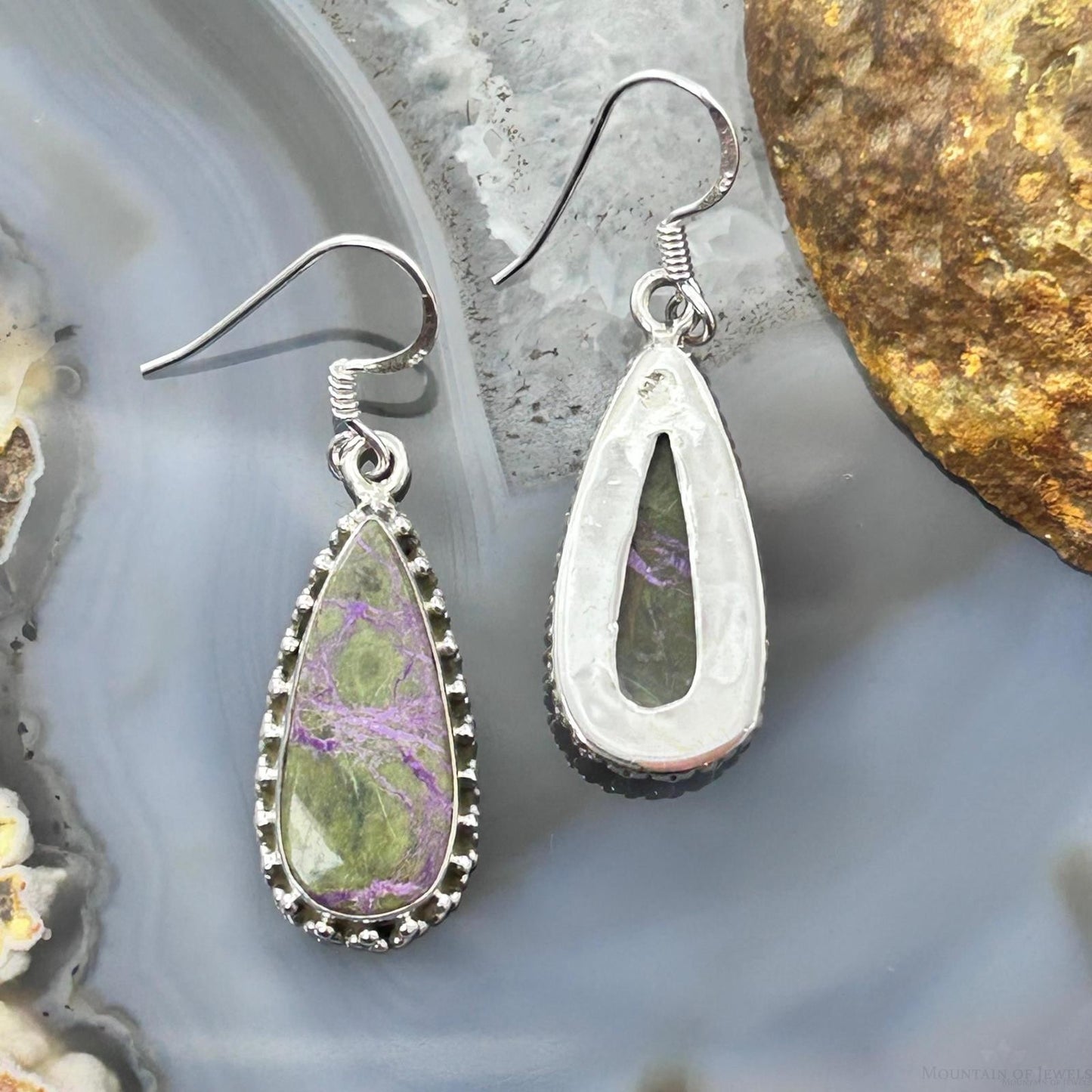 Sterling Silver Southwestern Style Teardrop Stichtite Dangle Earrings For Women