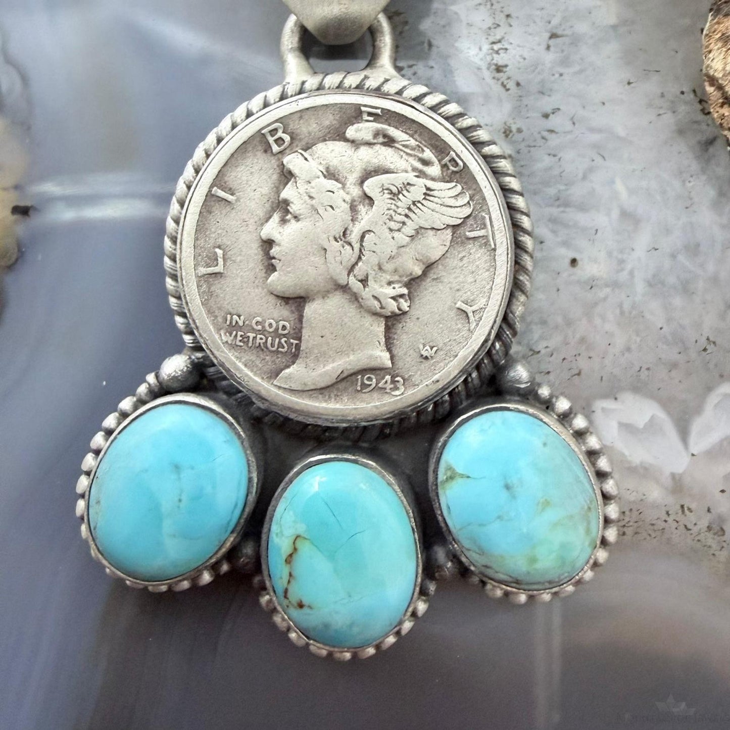 Genuine 1943 90% Silver Mercury Dime Coin w/Teardrop Turquoise Decorated Pendant