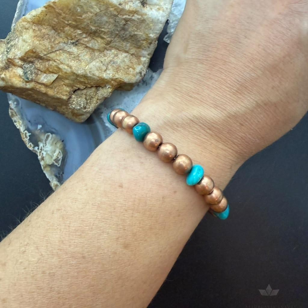 Copper 7.5mm Pearl Beads & Turquoise 6.25" Bracelet For Women