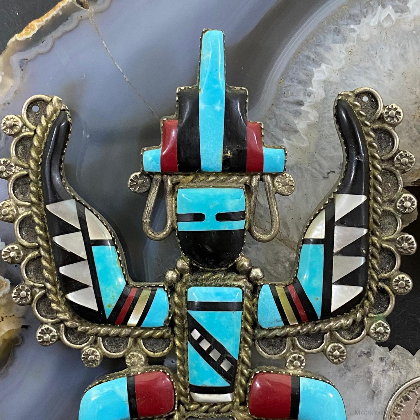 Antique Rainman Kachina Silver Native American Multi Stone Inlay Pendant