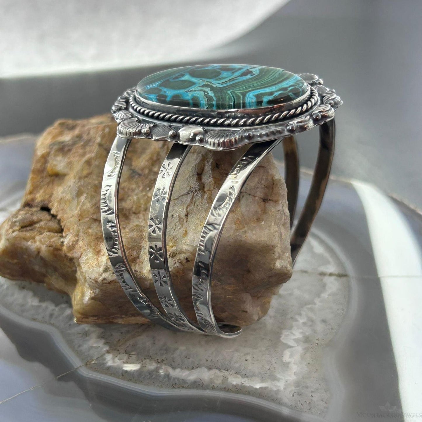 Sterling Silver Southwestern Style Large Oval Azurite Malachite Bracelet For Women