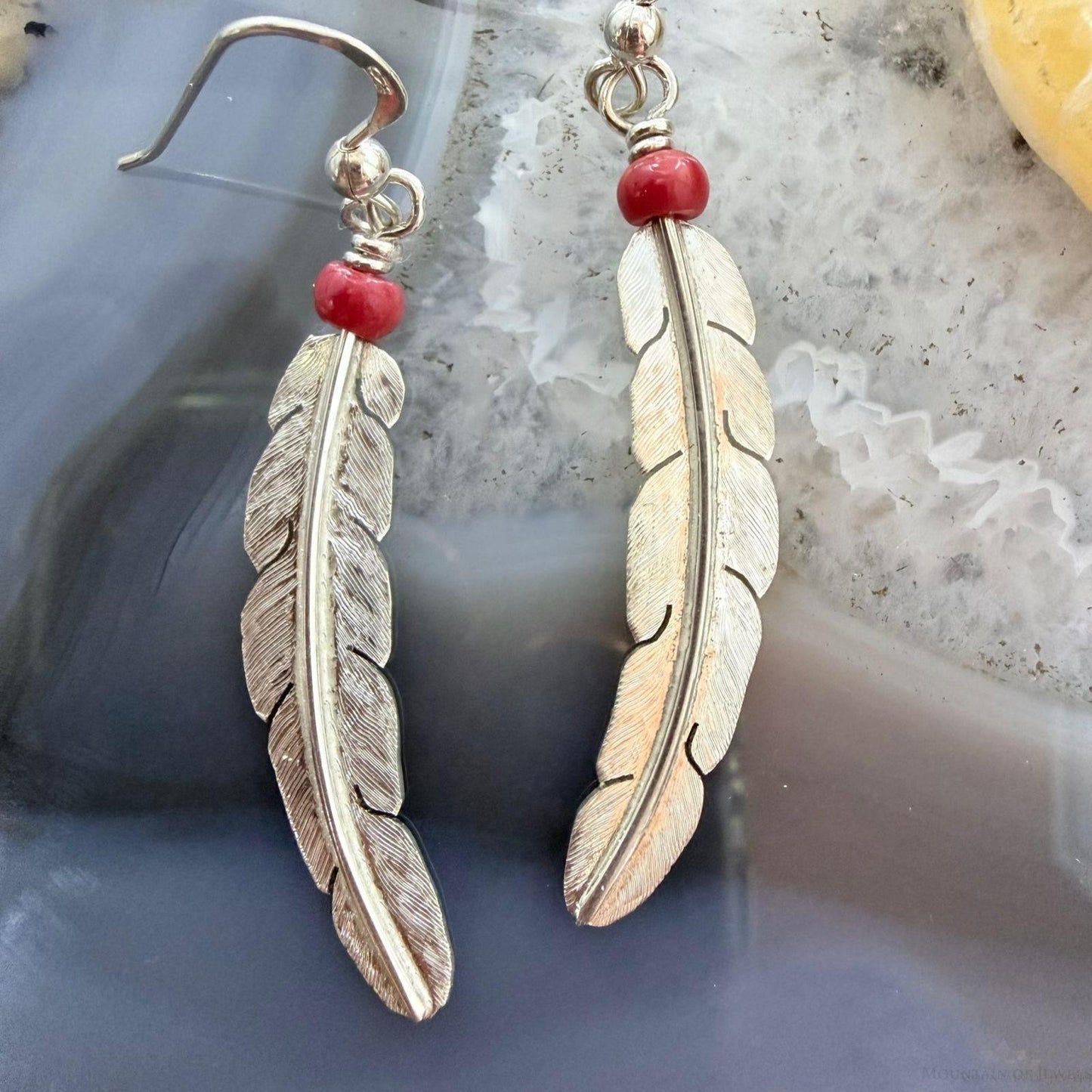 Anthony Gatewood Sterling Silver & Coral Bead Feather Dangle Earrings For Women