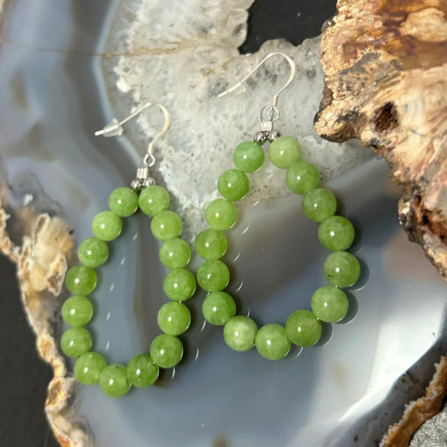 Sterling Silver 15 Rounded Peridot Beads Hoop Dangle Earrings For Women