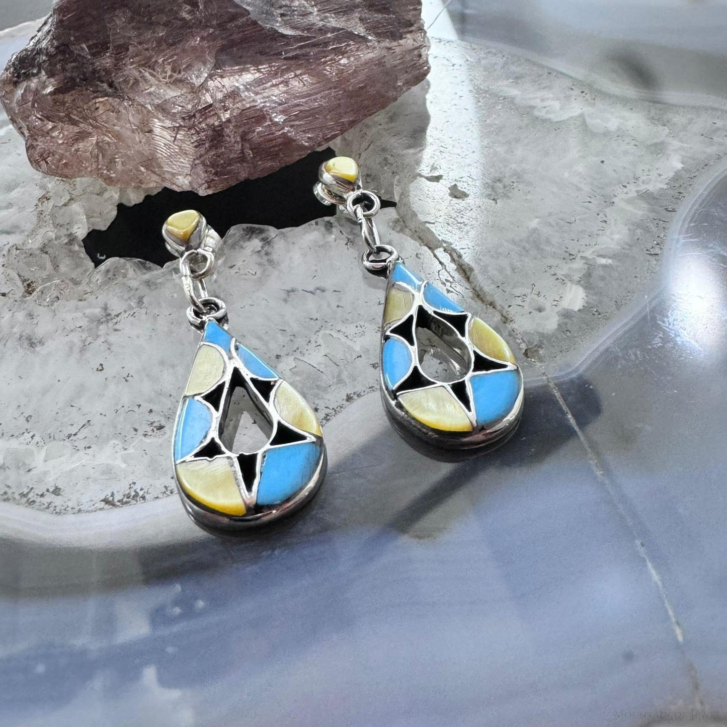 Emma Bowekaty Sterling Silver Multistone Zuni Inlay Dangle Earrings For Women #1