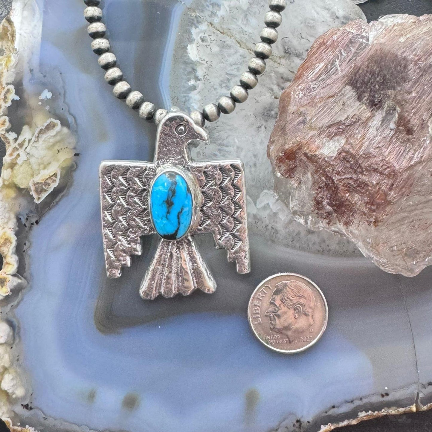 Gary Custer Navajo Sterling Silver Tufa Cast Blue Turquoise Eagle Unisex Pendant