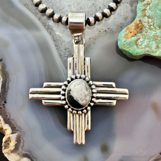 Sterling Silver Southwestern Style Oval White Buffalo Unisex Zia Pendant