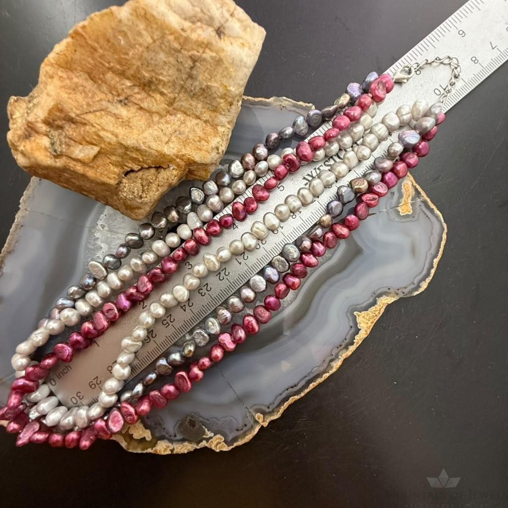 Sterling Silver 3 Strands Pink,Black,Gray Freshwater Pearl 17'-19" Necklace