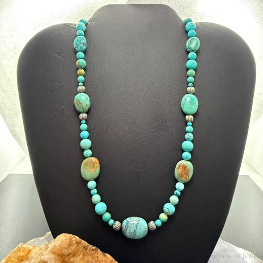 Carolyn Pollack Sterling Silver Round & Oval Turquoise Beads Decorated 20"-22" Necklace For Women