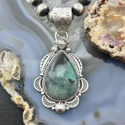Sterling Silver Southwestern Style Teardrop Emerald Decorated Pendant For Women