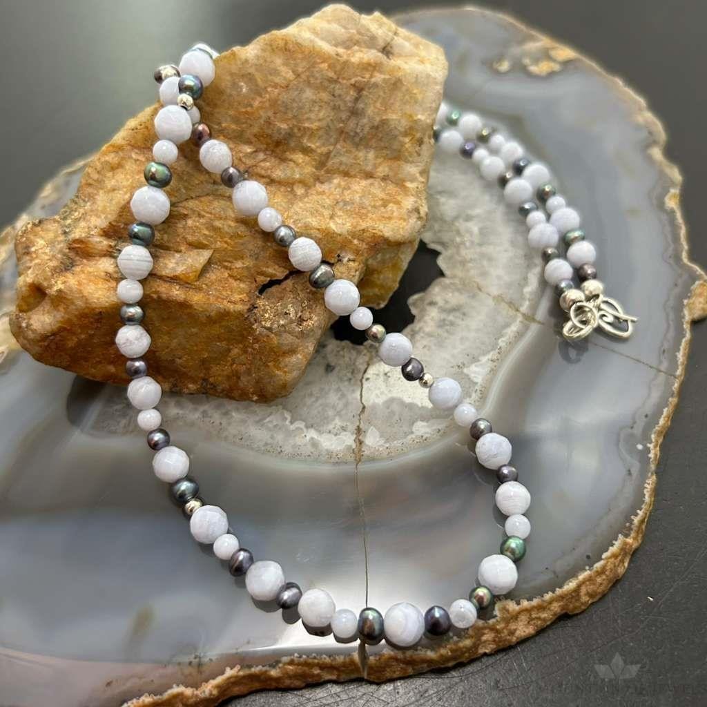 Carolyn Pollack Sterling Silver  Blue Lace Agate &Eggplant Pearl Bead Necklace For Women