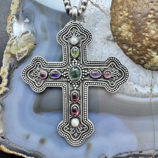 Vintage Sterling Silver Multi Gemstone Cross Pendant W/Brads Bead Chain Necklace