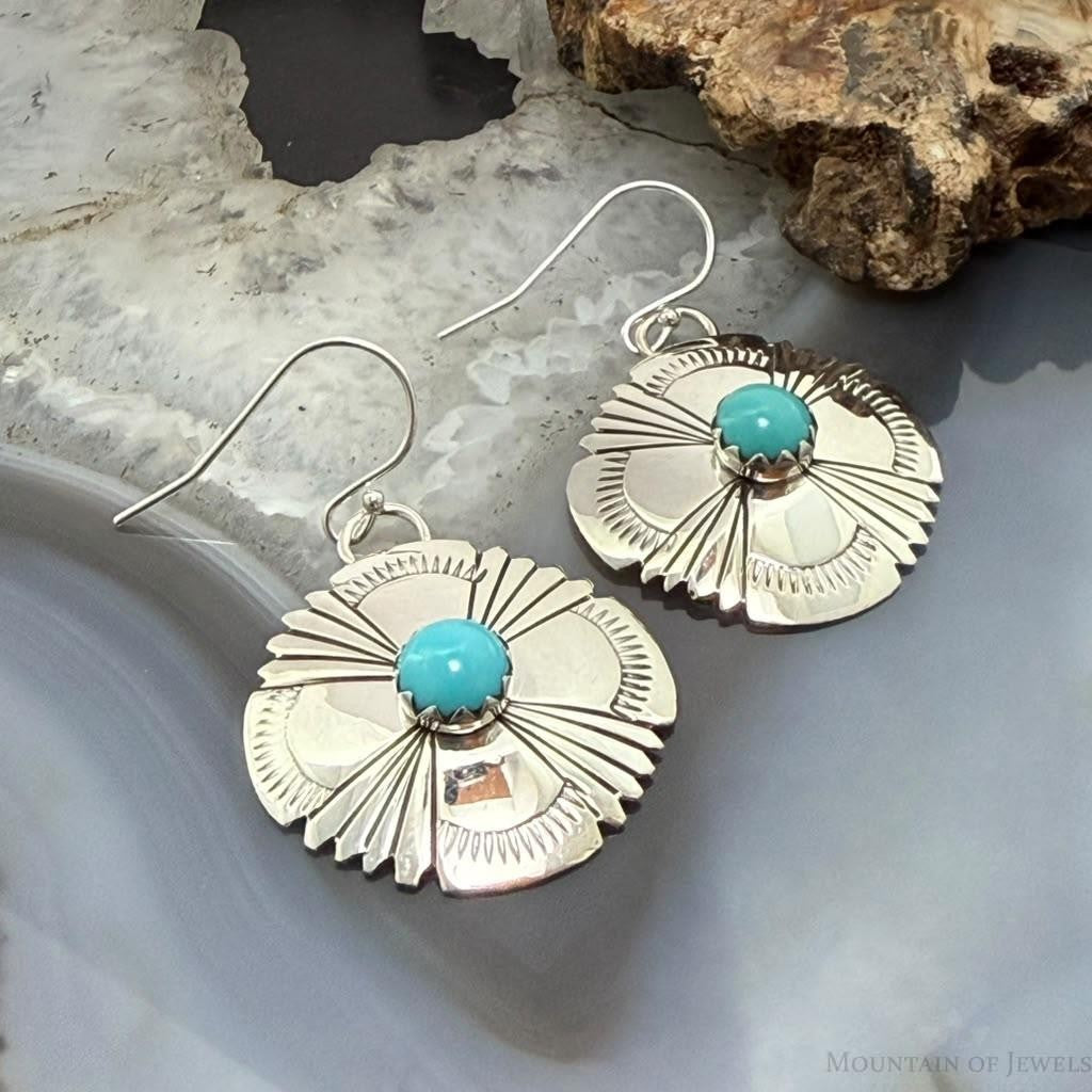 Michael Nez Navajo Sterling Silver Round Turquoise Stamped Dangle Earrings For Women