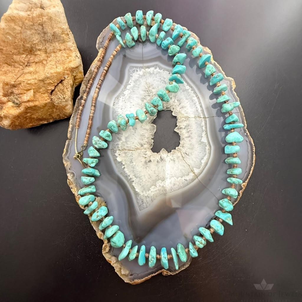 Vintage Native American Chunky Turquoise & Heishi Shell 28" Necklace For Women