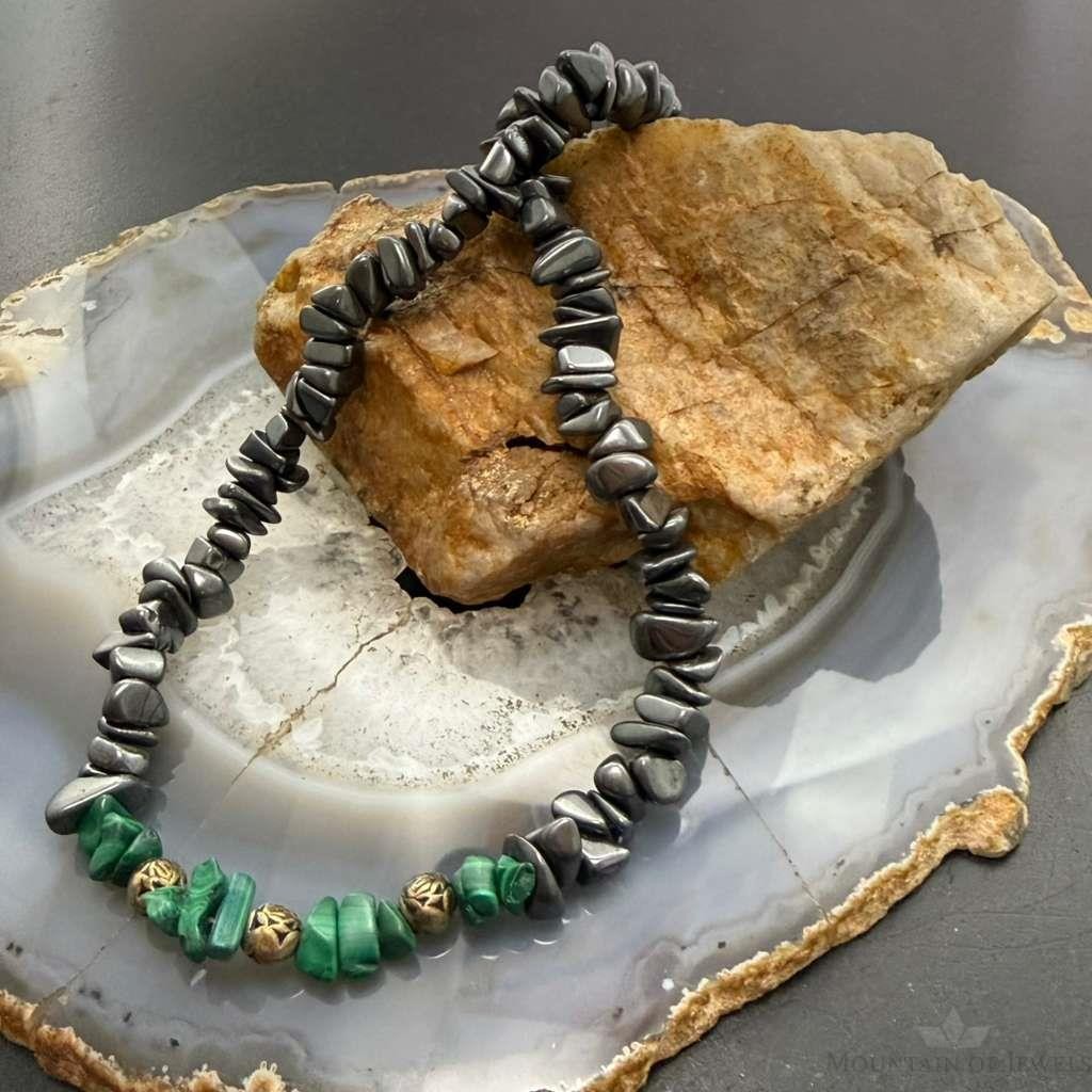 Sterling Silver Hematite & Malachite Beaded 18" Necklace For Women