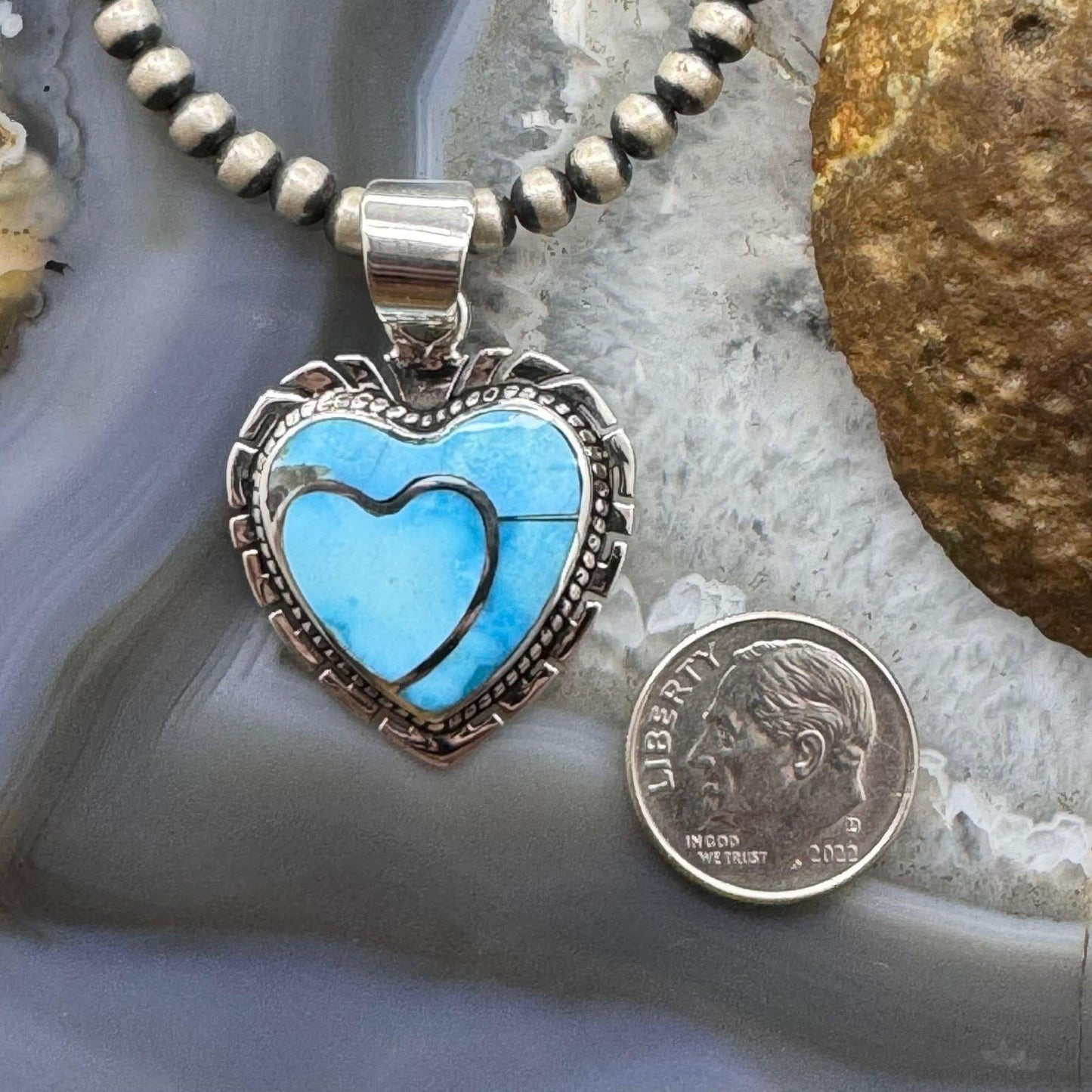 Native American Sterling  Silver Blue Ridge Turquoise Double Heart Pendant For Women