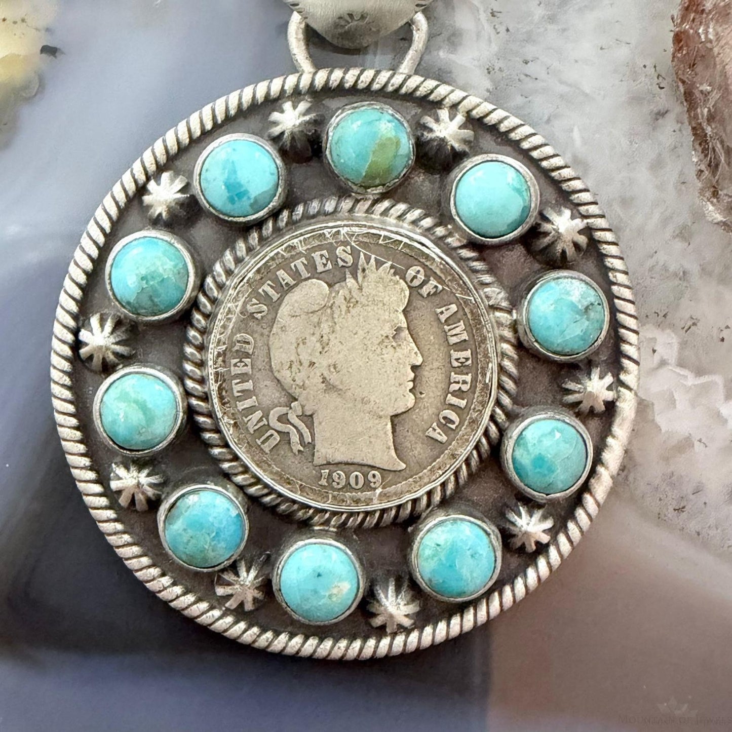 Genuine 1909 90% Silver Barber Head Dime Coin w/Mohave Turquoise Unisex Pendant