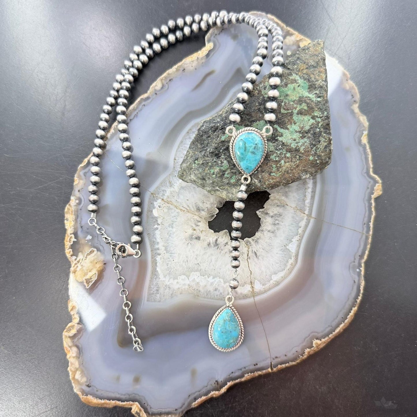 Sterling Silver Southwestern Style Turquoise 20"-22" Navajo Pearl Lariat Necklace For Women