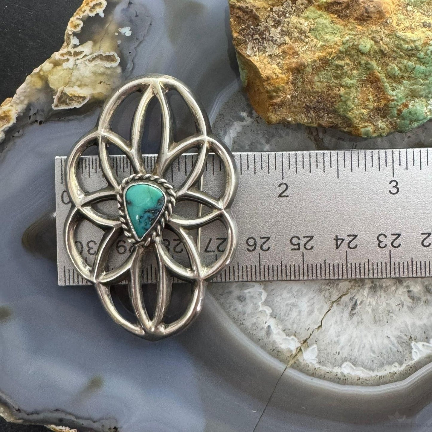 Vintage Nellie Tso Native American Silver Turquoise Sand Cast Brooch For Women