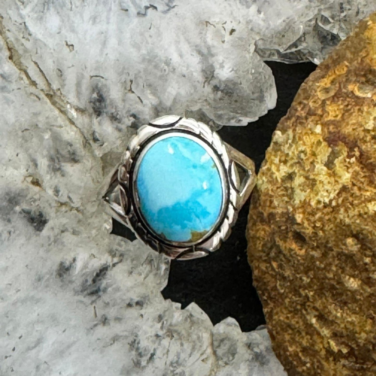 Native American Sterling Silver Oval Blue Ridge Turquoise Ring Size 5 For Women